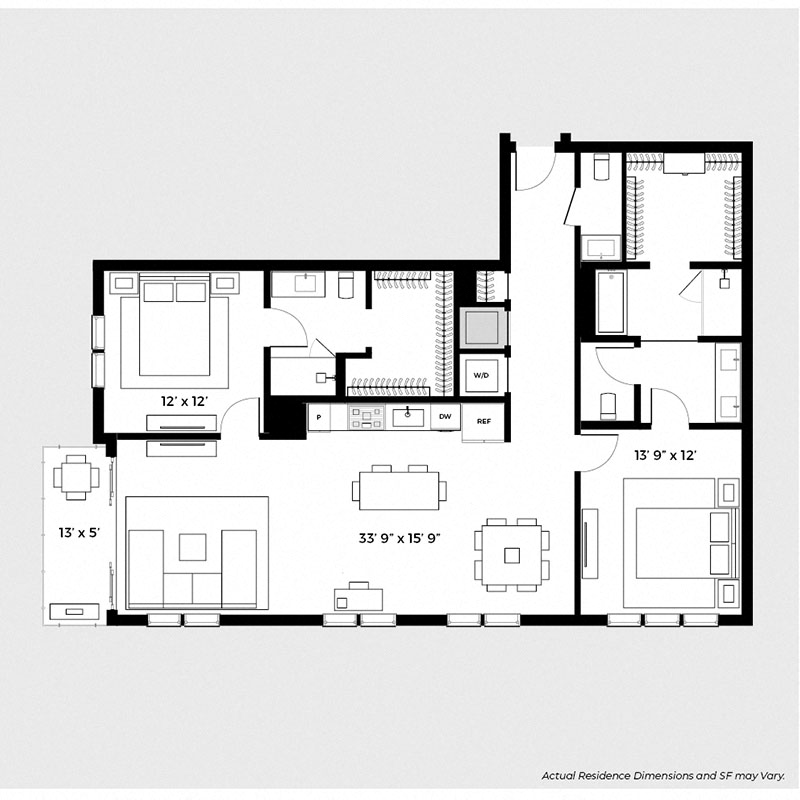Floor plan for 2 beds, 2.5 baths, 1415 sqft
